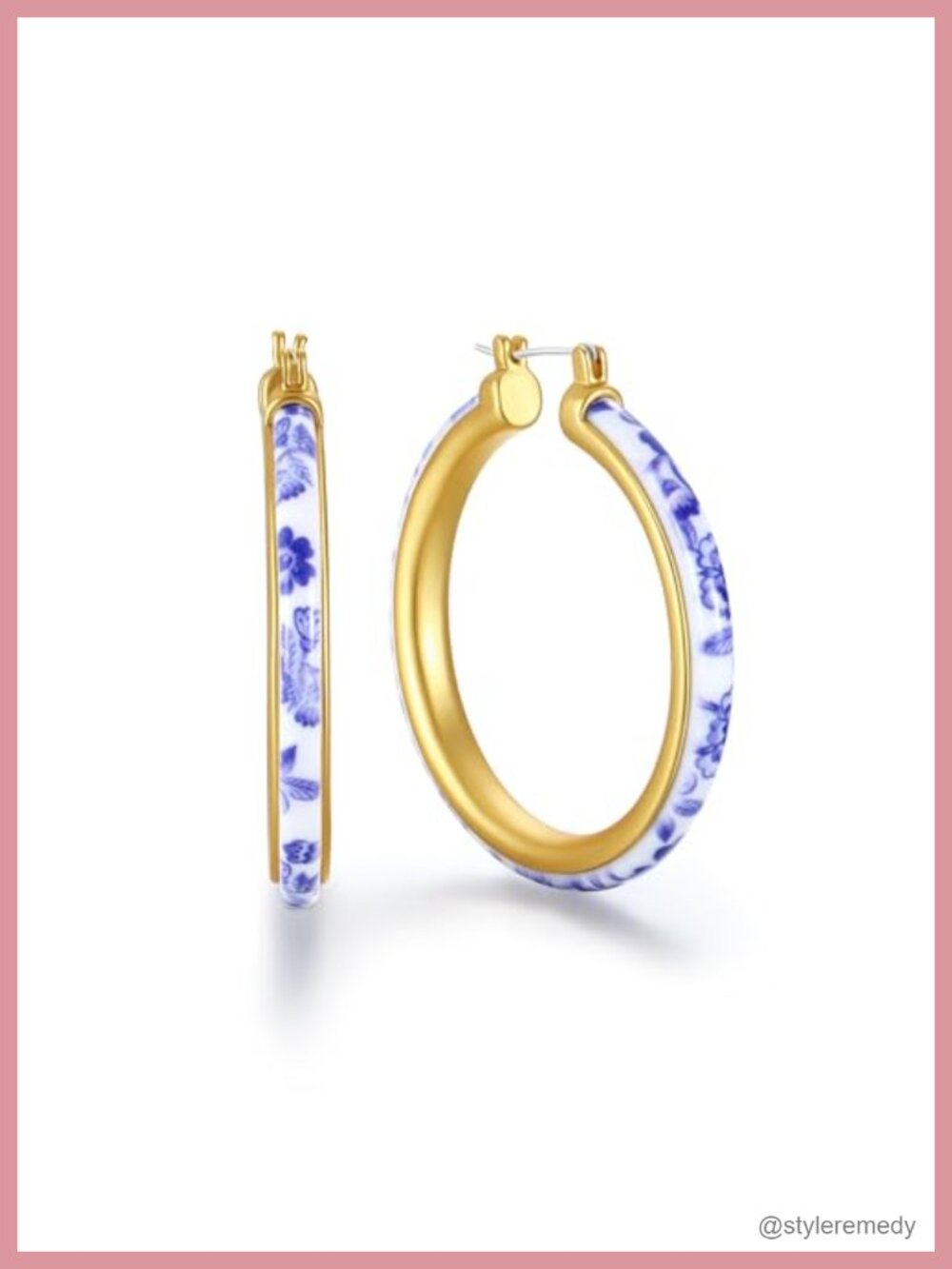 Hand-Painted Porcelain Hoop Earrings 18K Gold Plated Statement Vintage